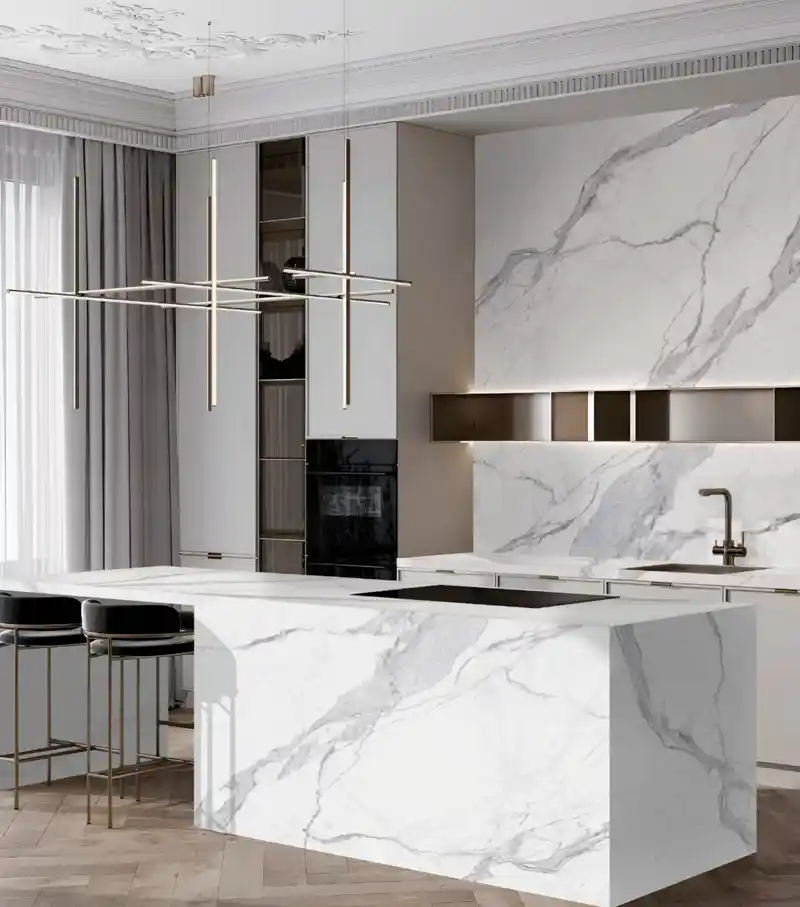 Statuario marble slab with bold grey veining on white surface