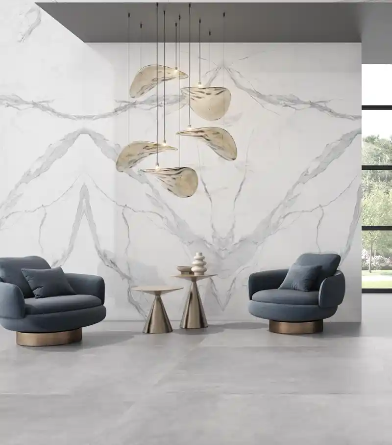 Statuario marble slab with bold grey veining on white surface