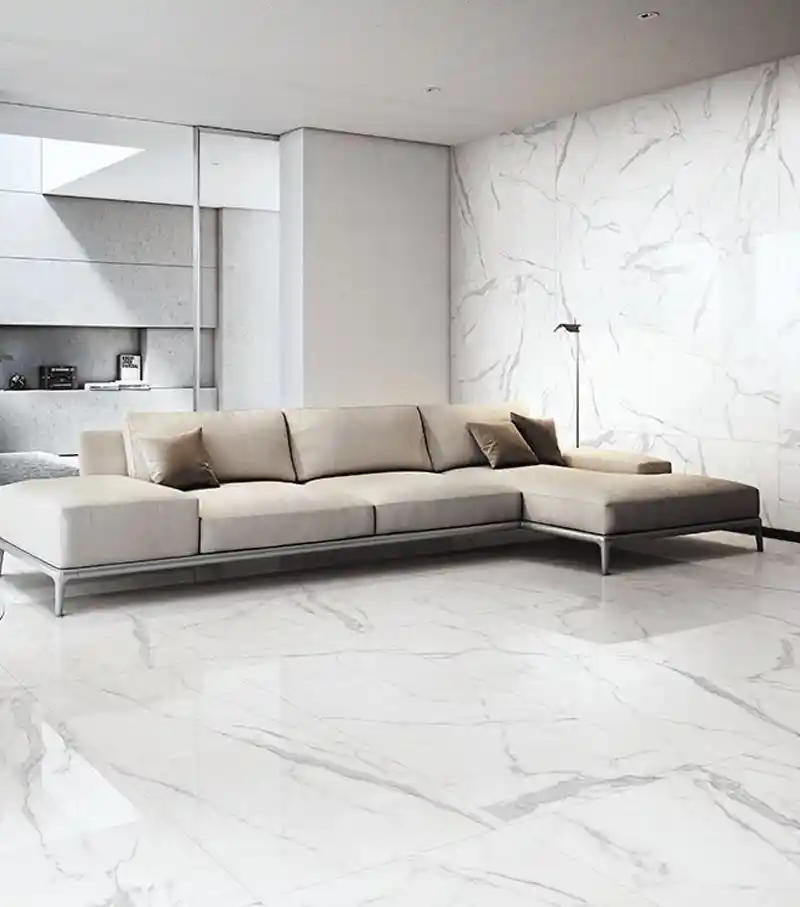 Statuario marble slab with bold grey veining on white surface
